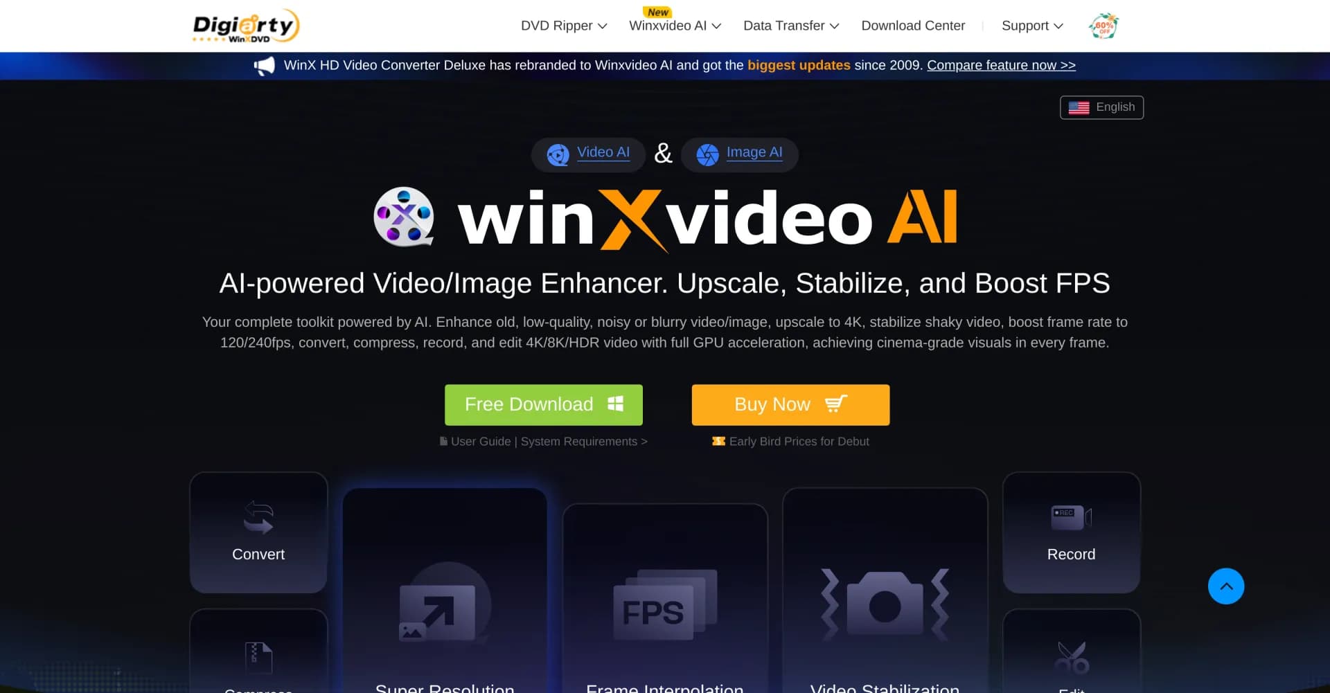 Winxvideo homepage screenshot — AI-powered video toolkit for enhancing, converting, and edit