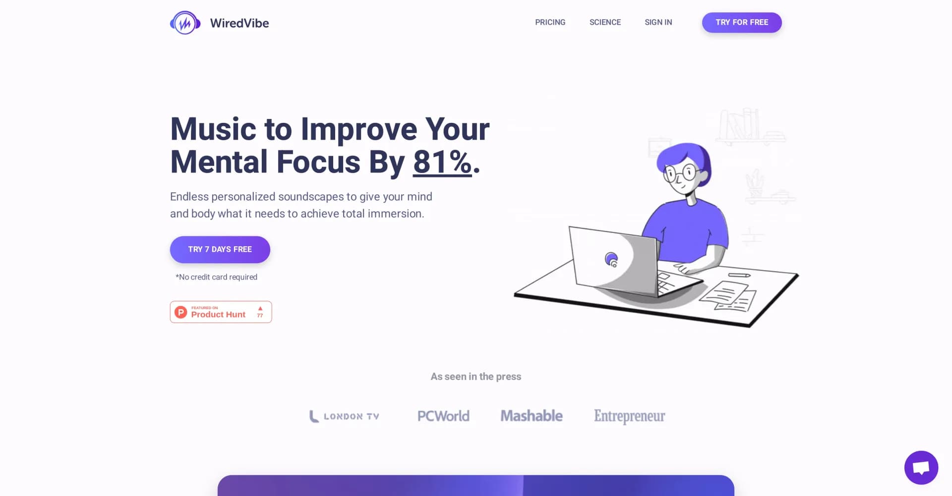 WiredVibe homepage screenshot — Boost focus with AI-powered music in minutes.