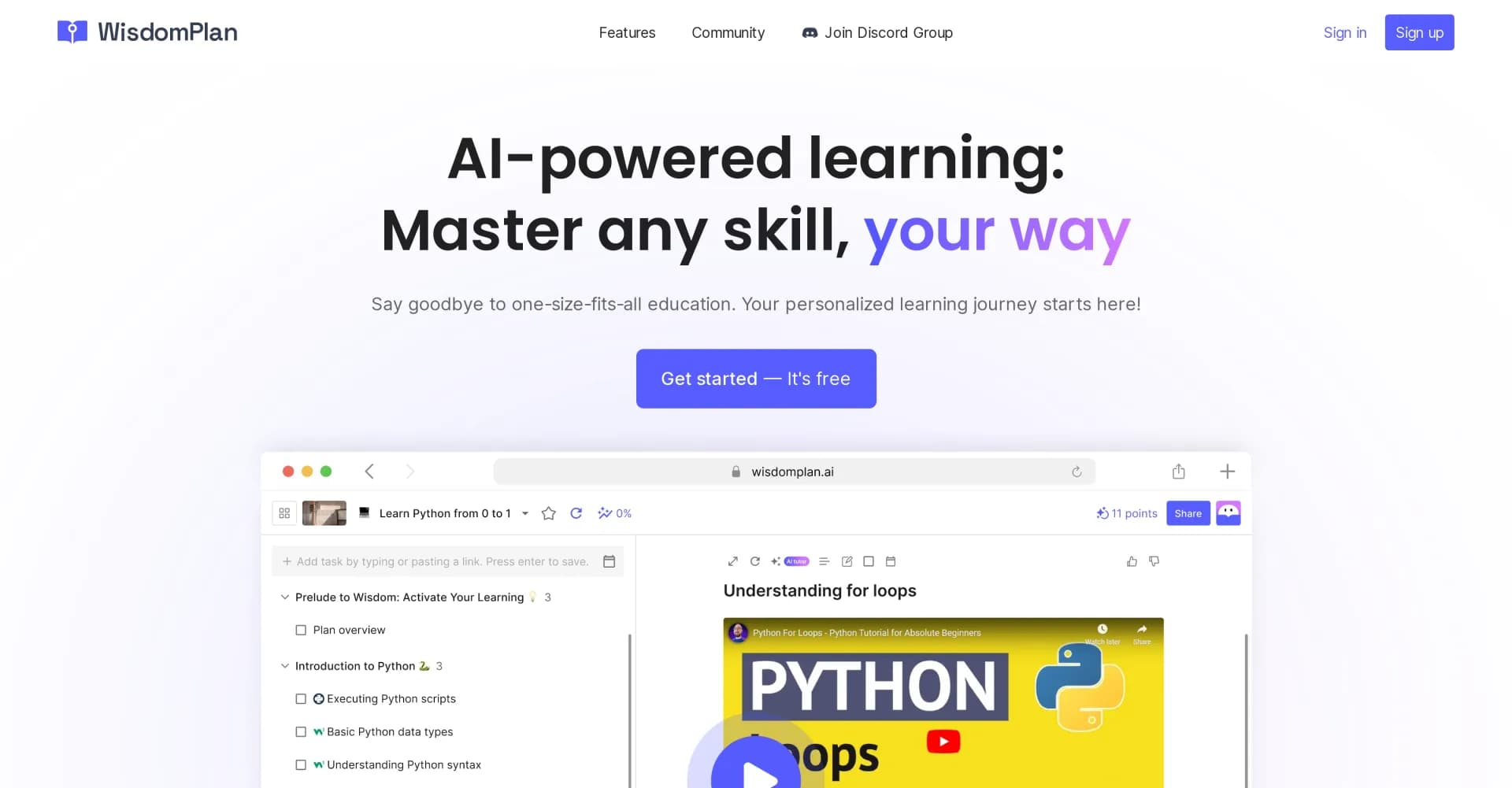 WisdomPlan homepage screenshot — AI-powered learning: Master any skill, your way
