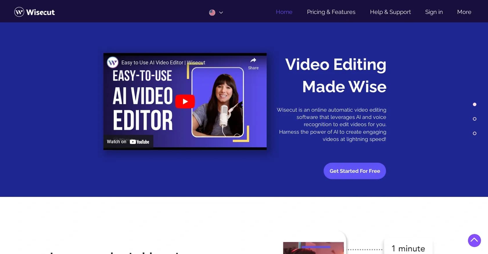 Wisecut homepage screenshot — AI-powered automatic video editing