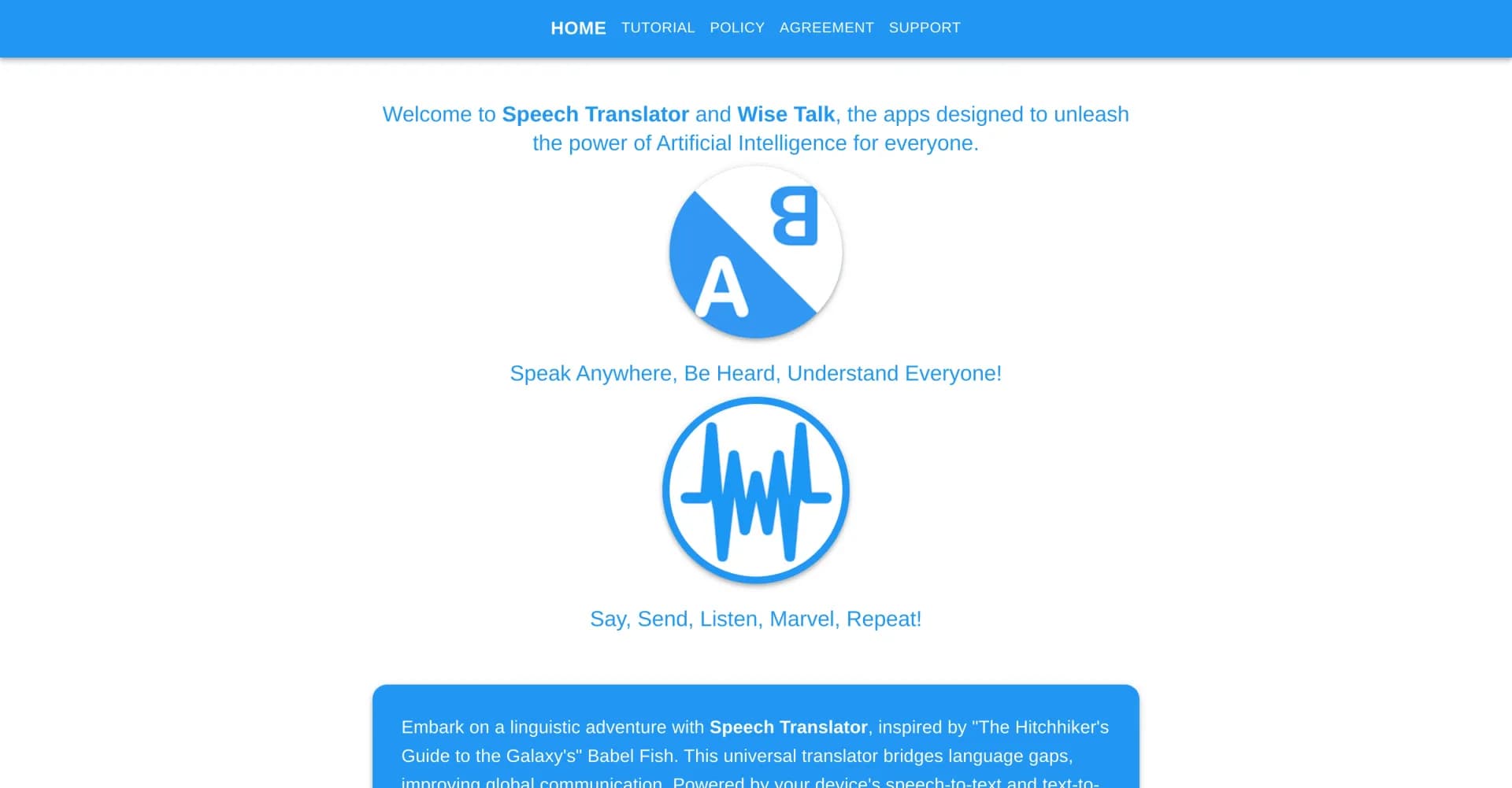 WiseTalk homepage screenshot — Voice-activated AI assistant unleashes AI power for all