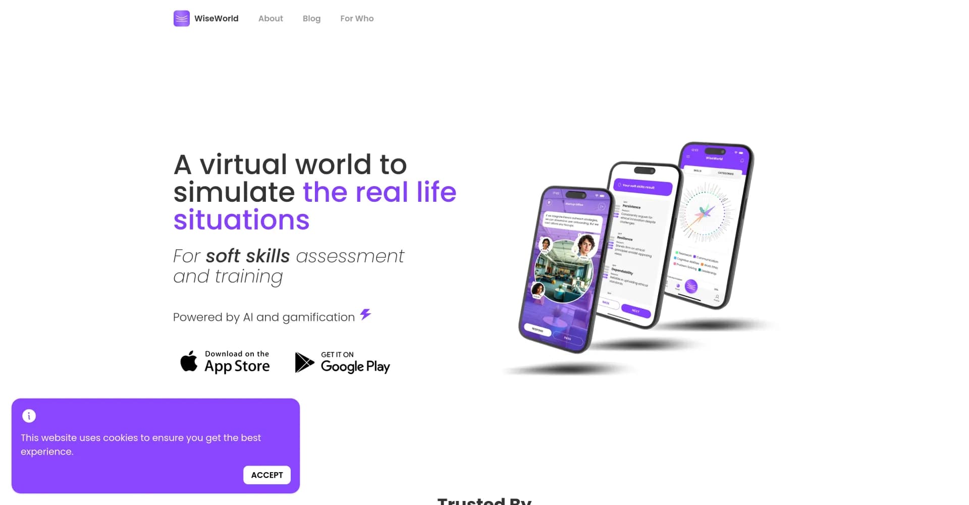WiseWorld homepage screenshot — Simulate real-life situations to assess and train soft skill