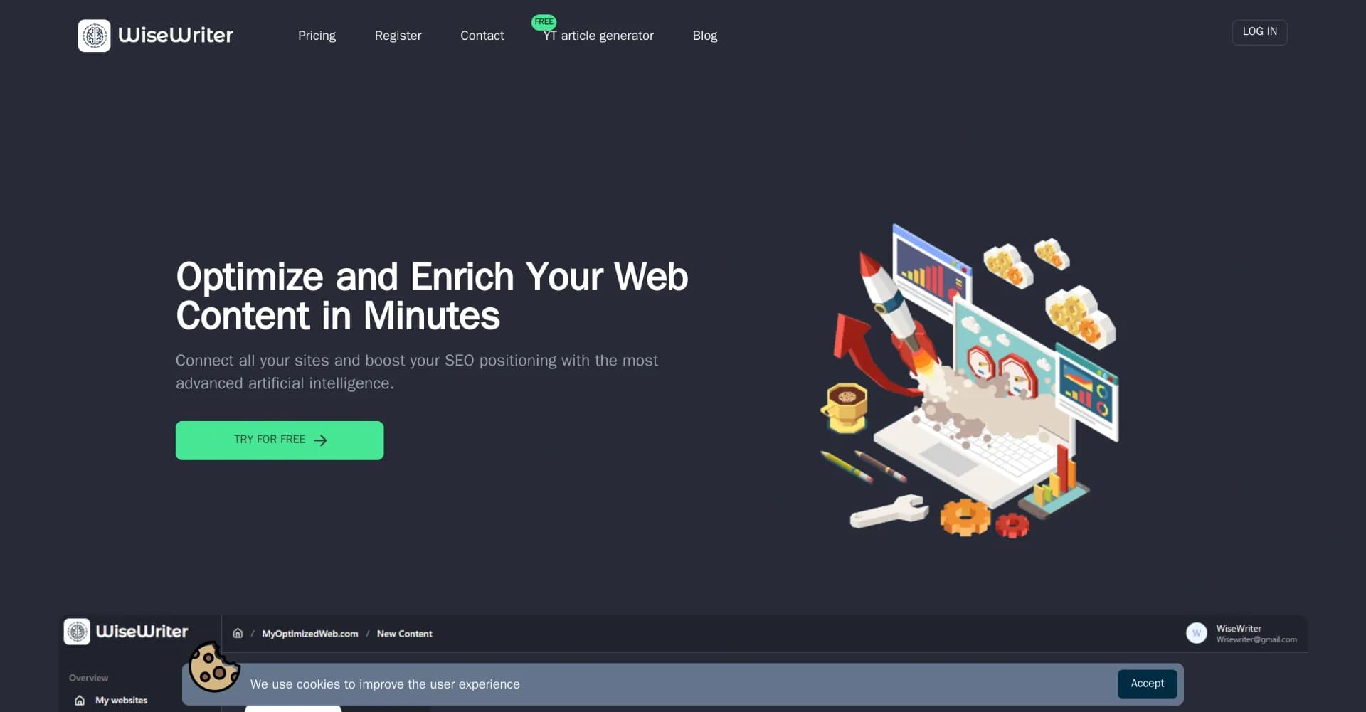 WiseWriter homepage screenshot — Optimize web content and boost SEO with AI.