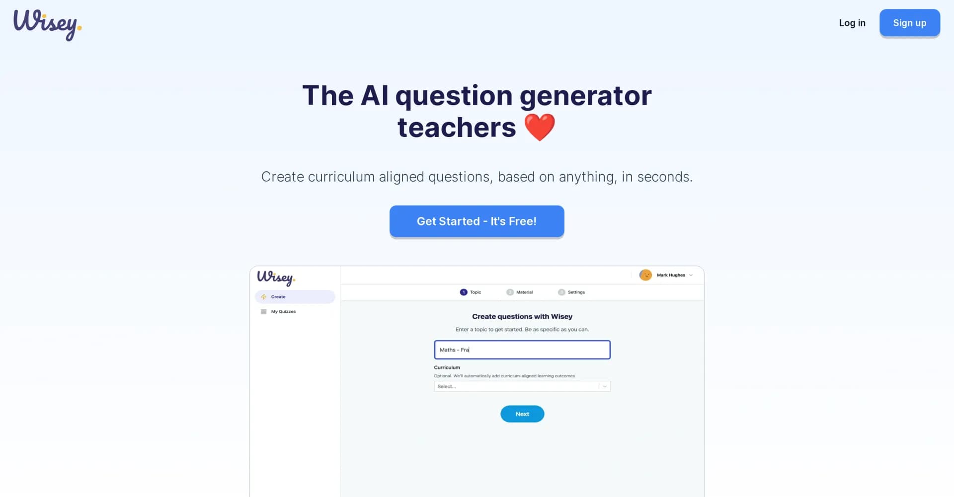 Wisey homepage screenshot — Create curriculum-aligned questions instantly with AI.