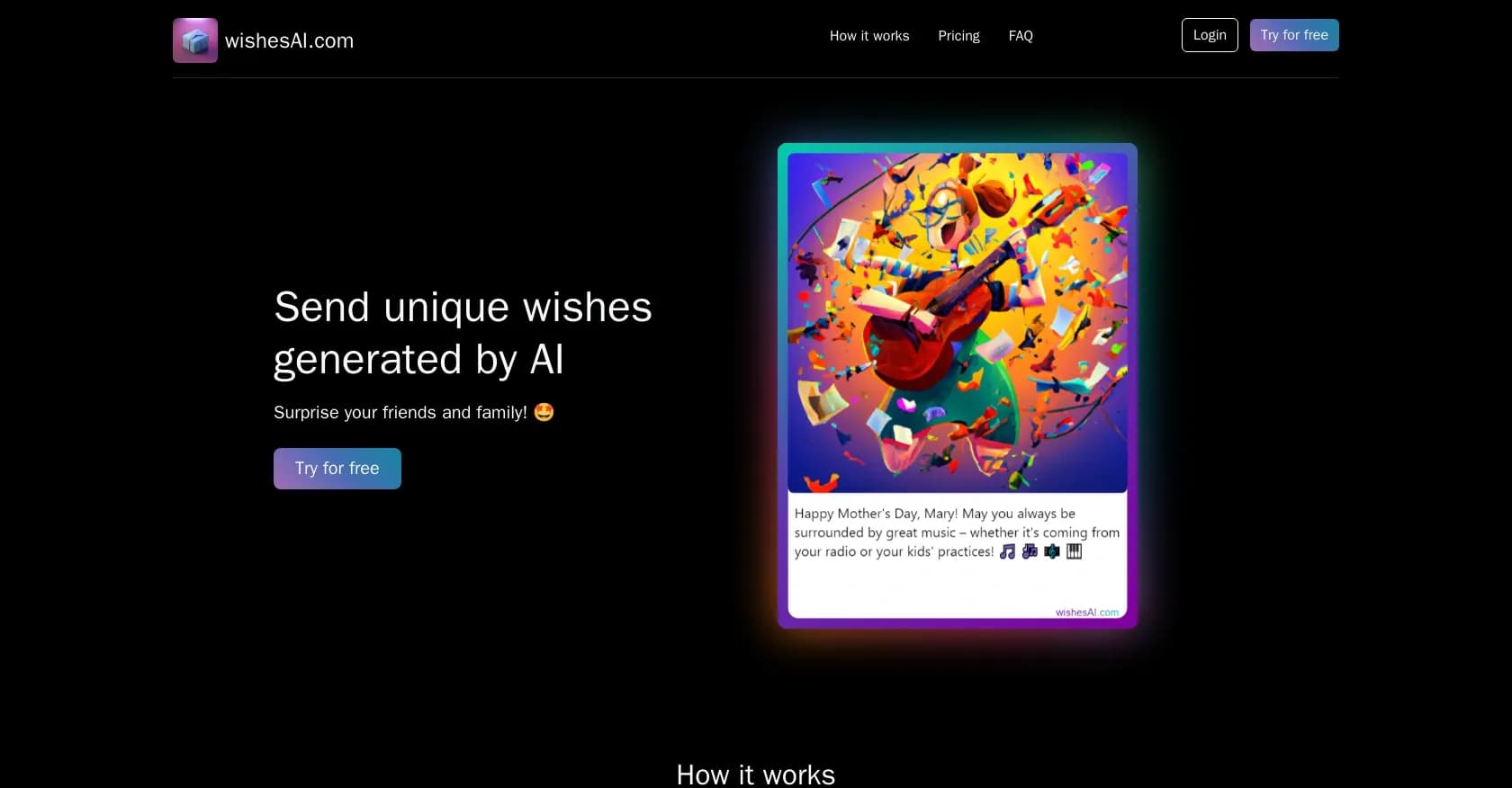 Wishes AI homepage screenshot — AI-generated wishes for every occasion.