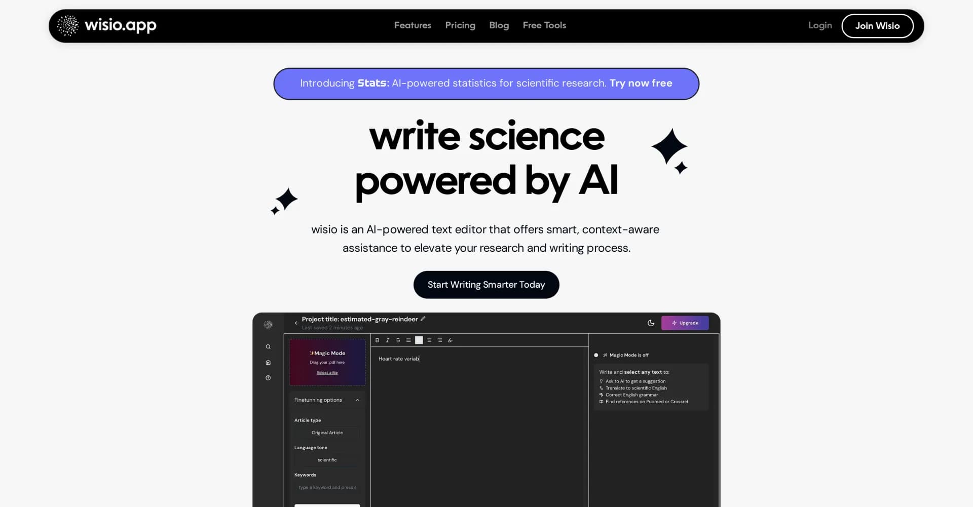 Wisio homepage screenshot — AI-powered writing assistant for scientists.