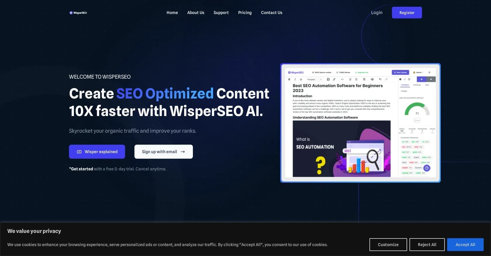 WisperSEO homepage screenshot — Create SEO optimized content 10x faster with AI.