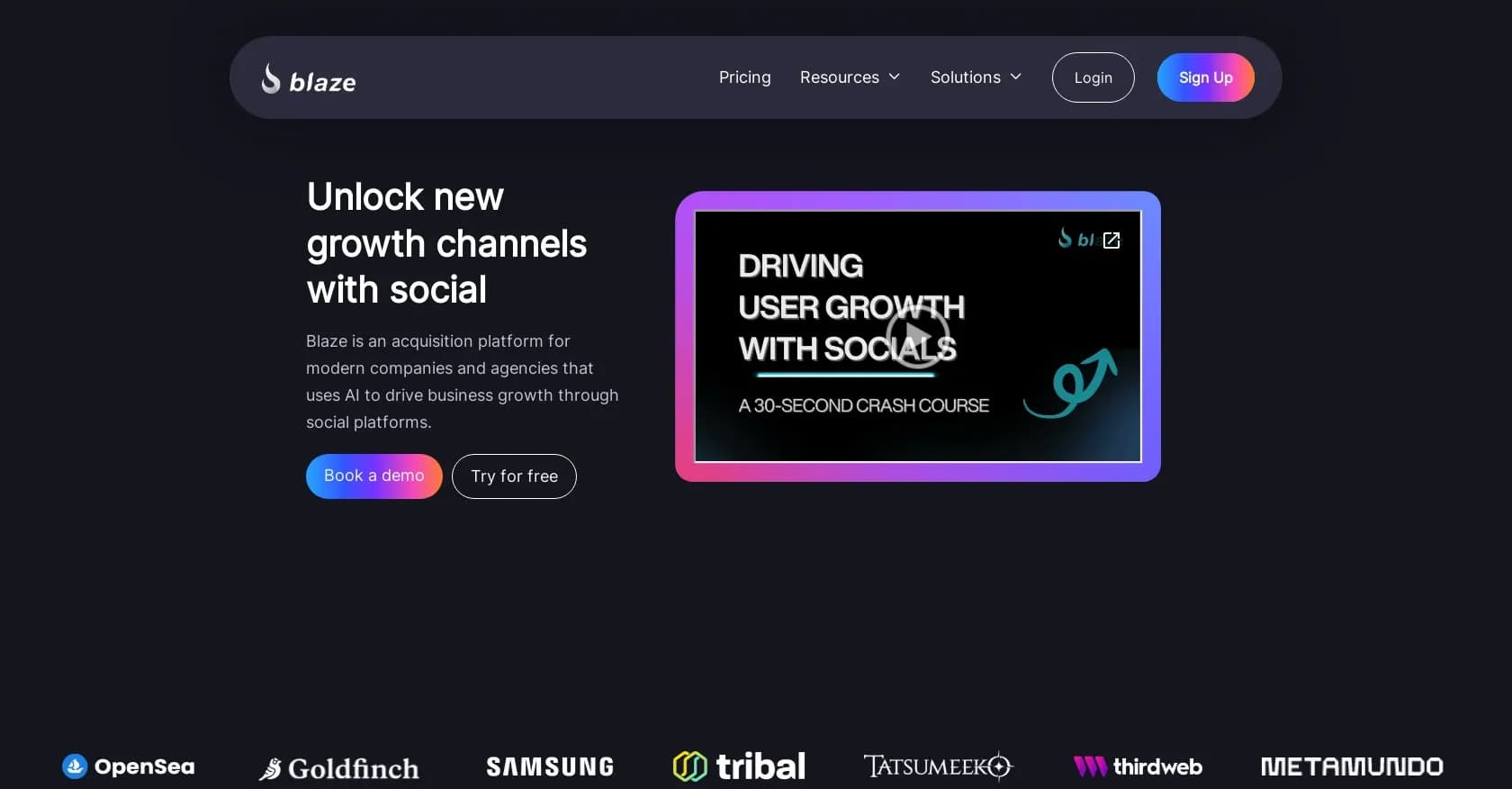 WithBlaze homepage screenshot — AI-powered growth tool to automate social outreach and conte
