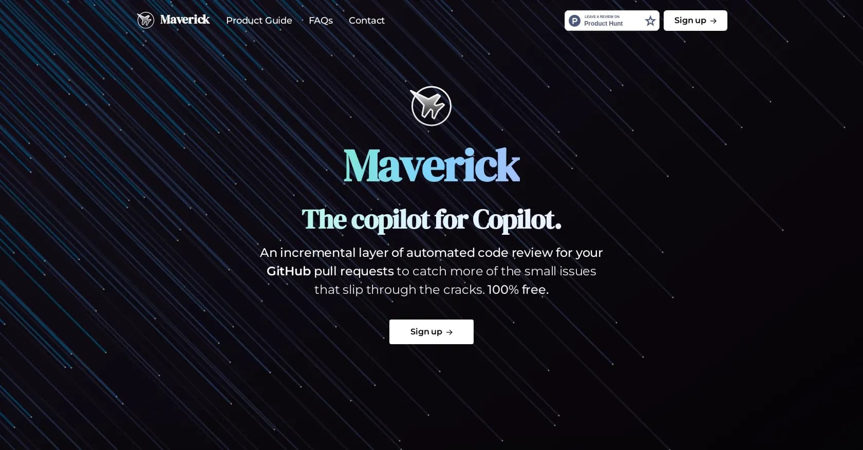 WithMaverick homepage screenshot — Automated code review to catch small issues in GitHub PRs.