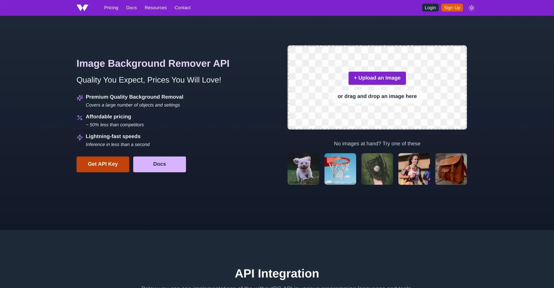 withoutBG API homepage screenshot — Remove backgrounds instantly with AI precision.