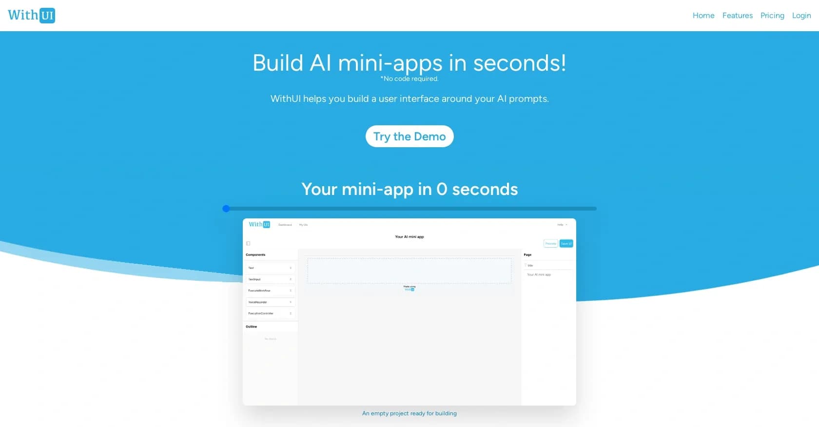 WithUI homepage screenshot — Build AI mini-apps without code in seconds