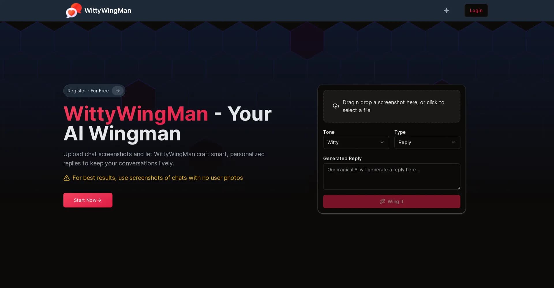 WittyWingMan homepage screenshot — Your AI wingman for online dating chats