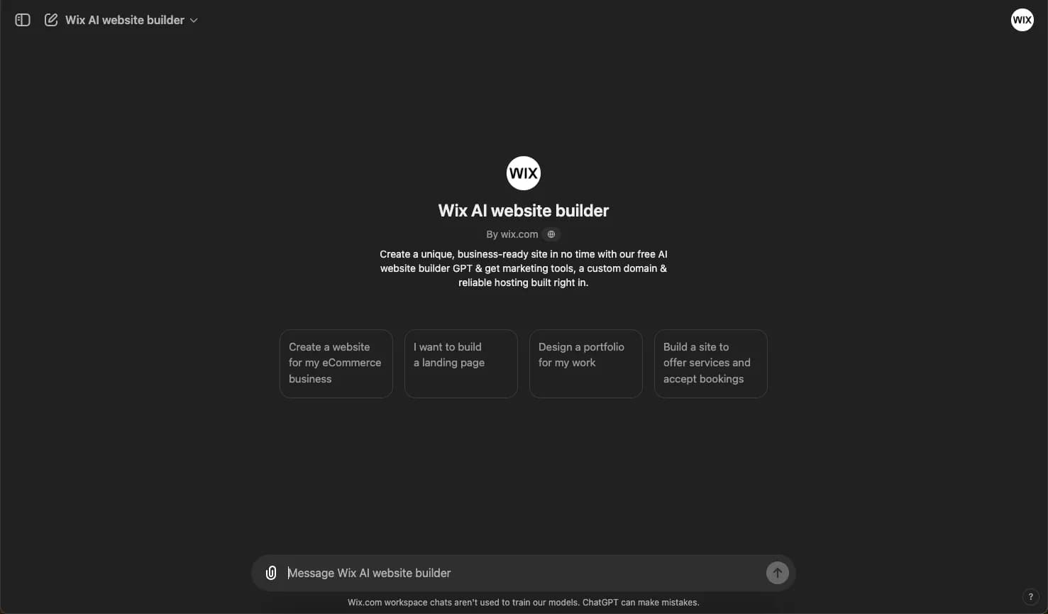 Wix AI Website Builder homepage screenshot — AI-powered websites, instantly ready for business.