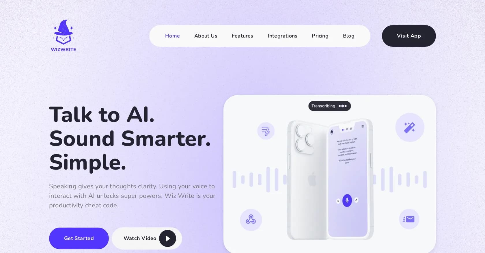 Wiz Write homepage screenshot — Turn spoken ideas into written content with AI