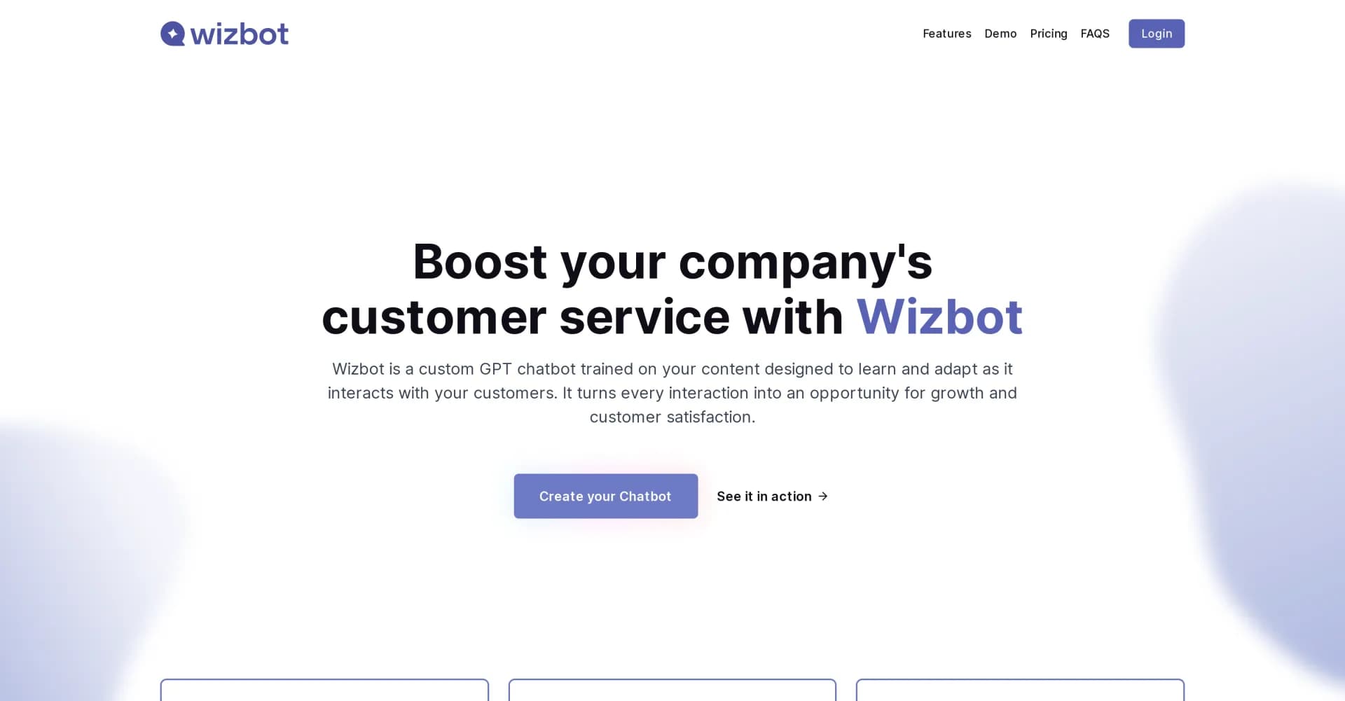 Wizbot homepage screenshot — Transform customer support with AI-powered chatbots