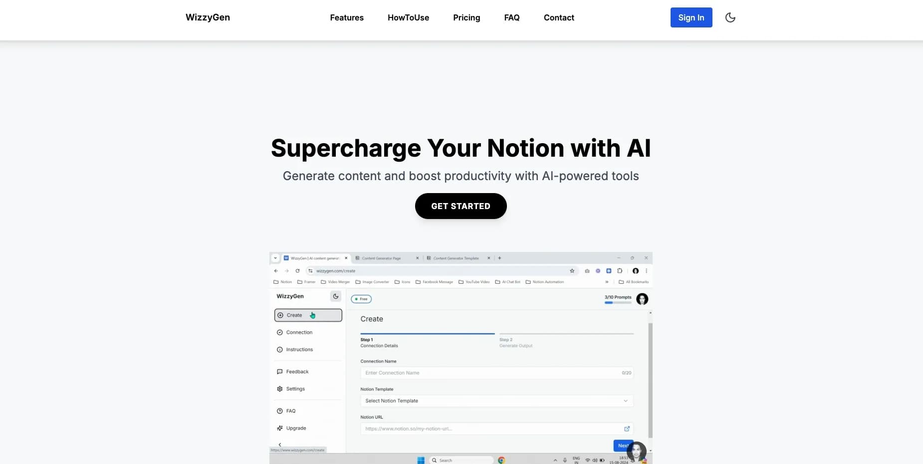 WizzyGen homepage screenshot — Supercharge Notion with AI-powered content generation
