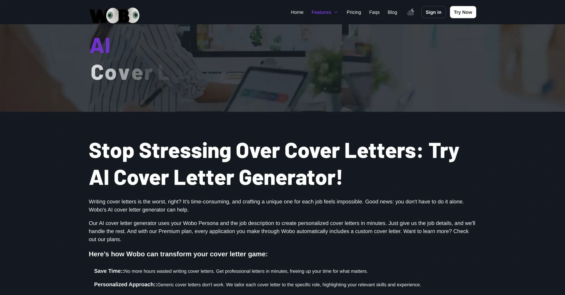 Wobo AI Cover Letter homepage screenshot — Generate personalized cover letters in minutes