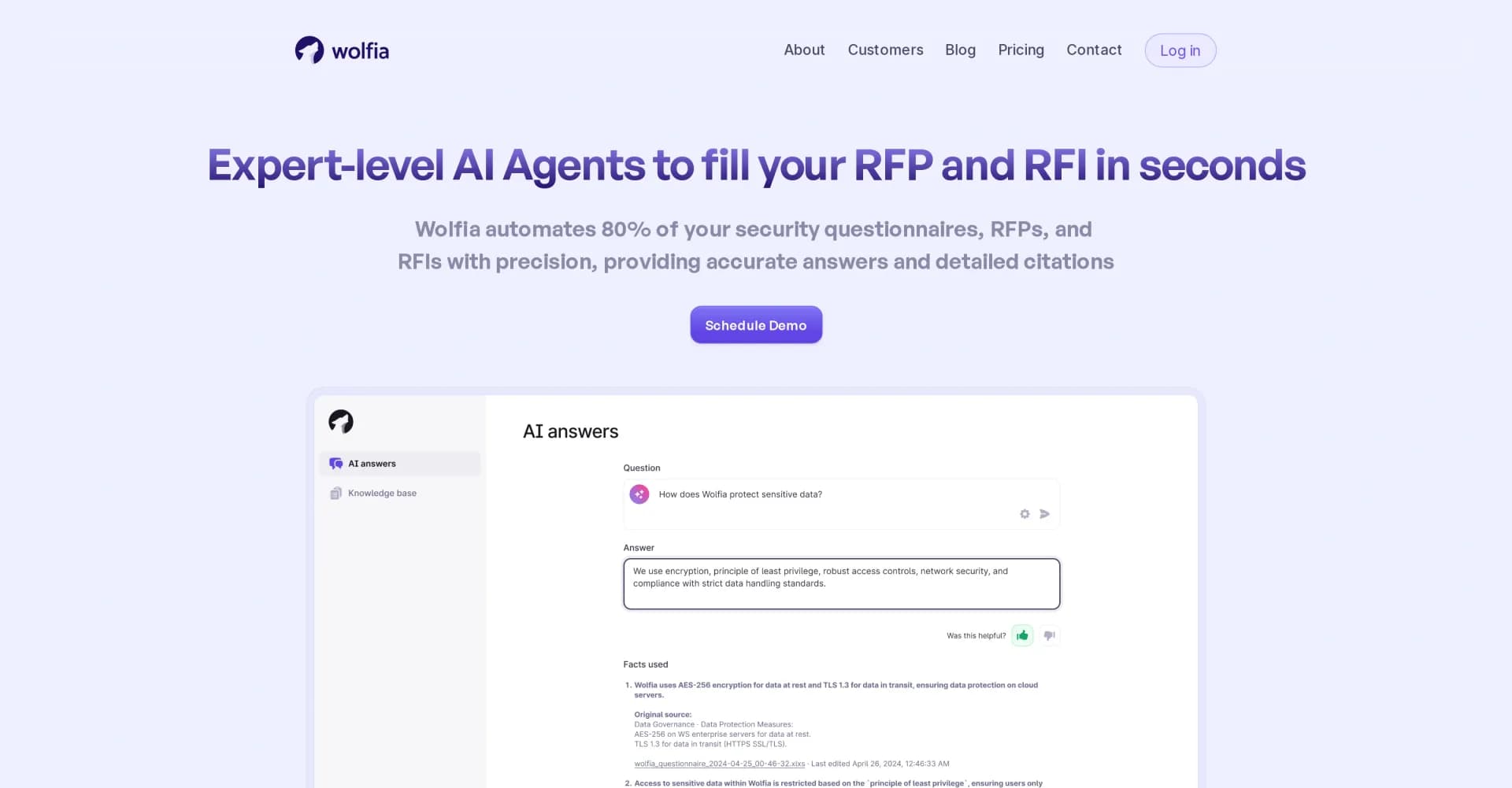 Wolfia homepage screenshot — AI-powered RFP and RFI automation in seconds