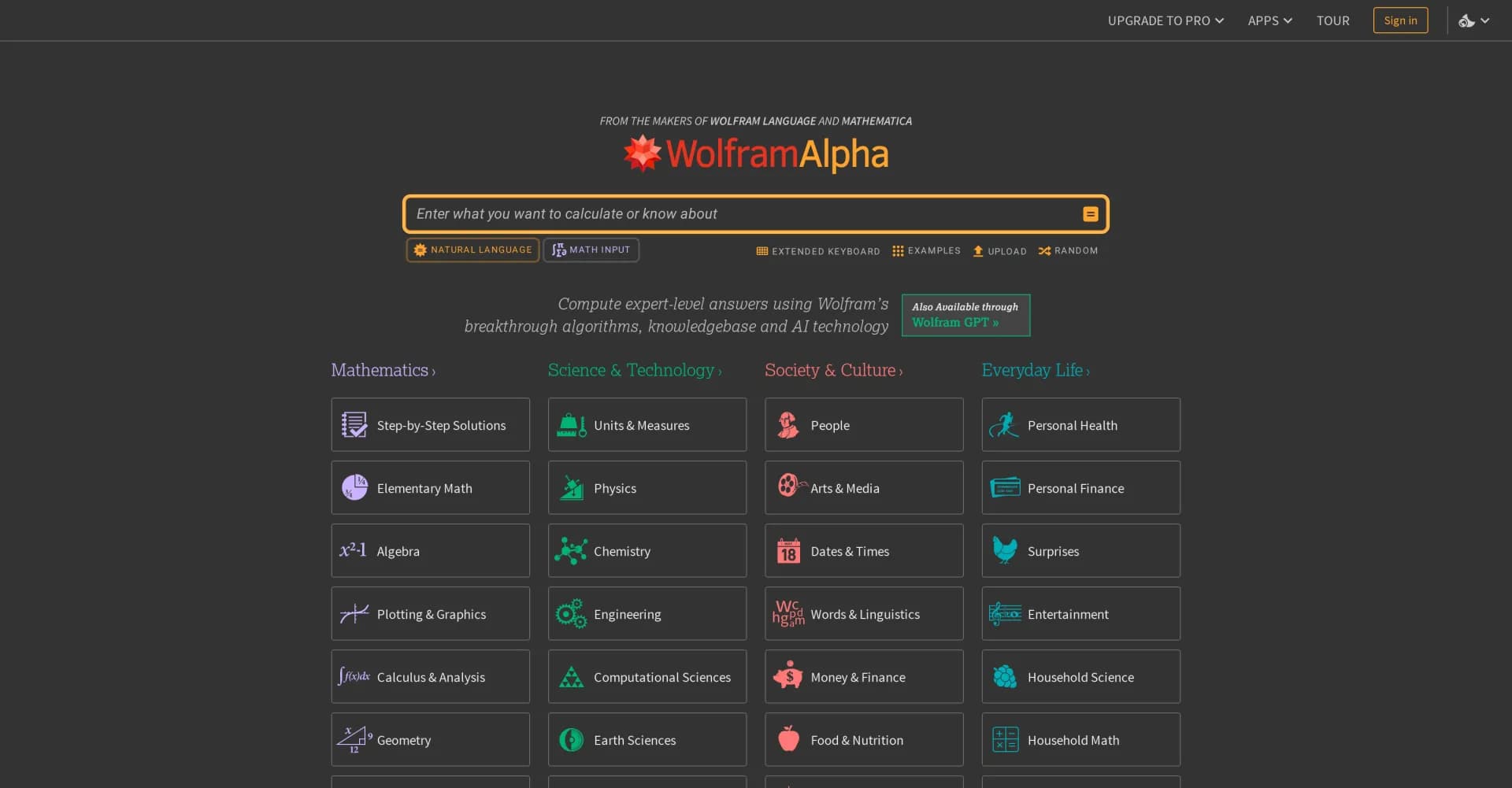 Wolframalpha homepage screenshot — Compute expert-level answers with AI technology