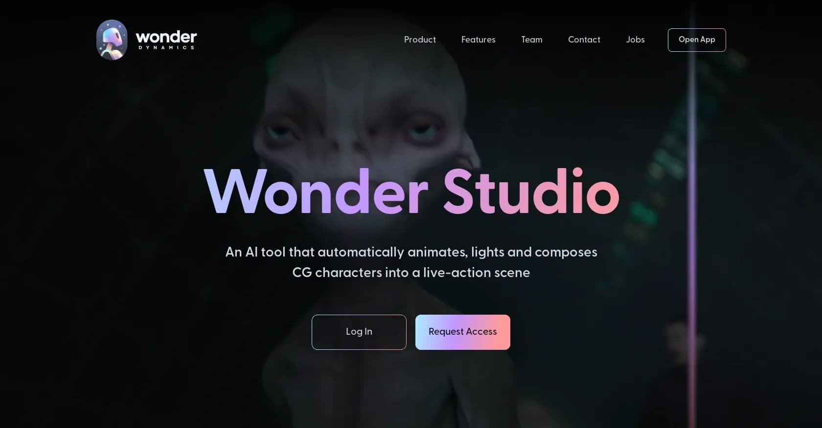Wonder Dynamics homepage screenshot — Automate CGI animation in live-action scenes