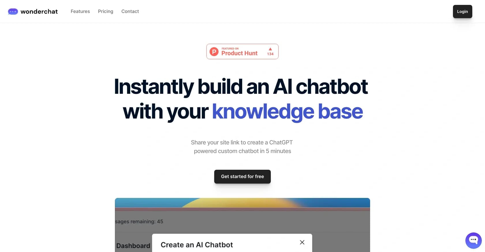 Wonderchat homepage screenshot — Website chatbot for customer support.