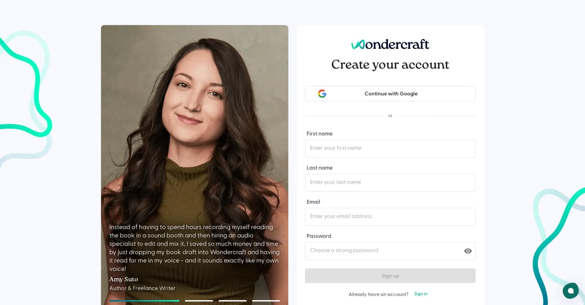 Wondercraft homepage screenshot — Turn written content into engaging podcasts in seconds.