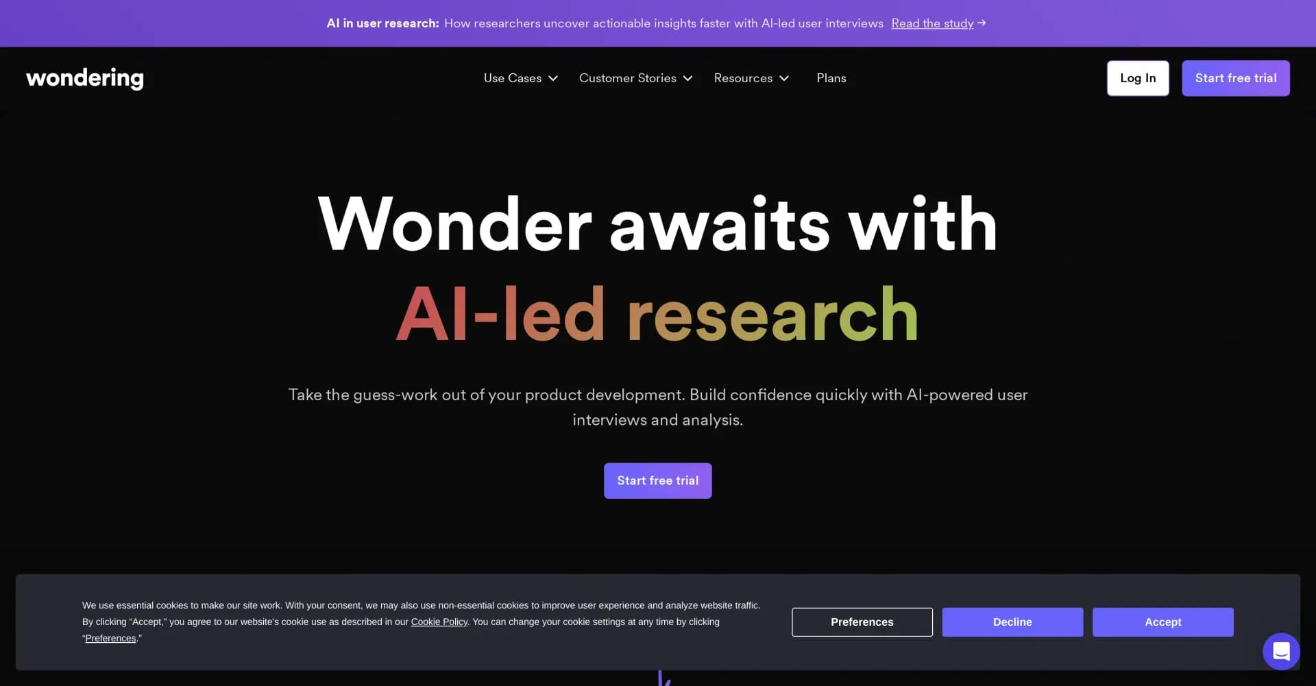 Wondering homepage screenshot — Uncover actionable insights faster with AI-powered user rese