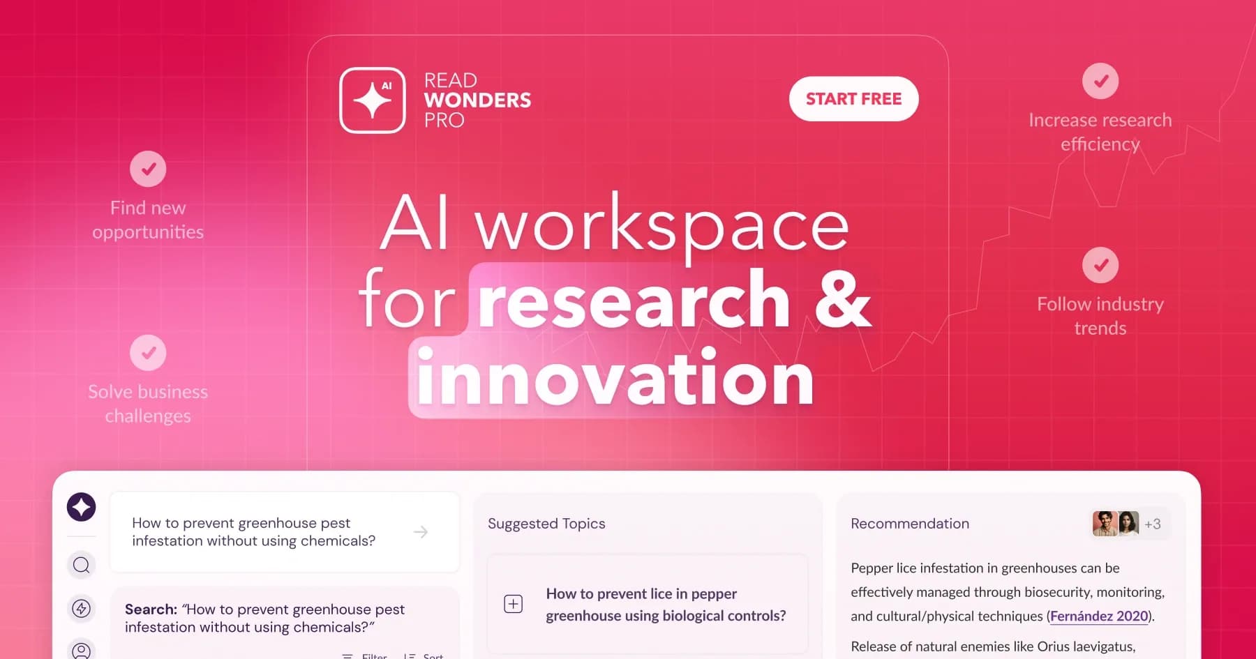 Wonders Pro homepage screenshot — Unlock insights for success with AI across 540M+ scientific 