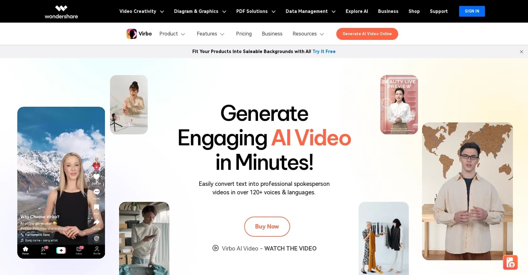 Wondershare Virbo homepage screenshot — Generate engaging AI videos in minutes