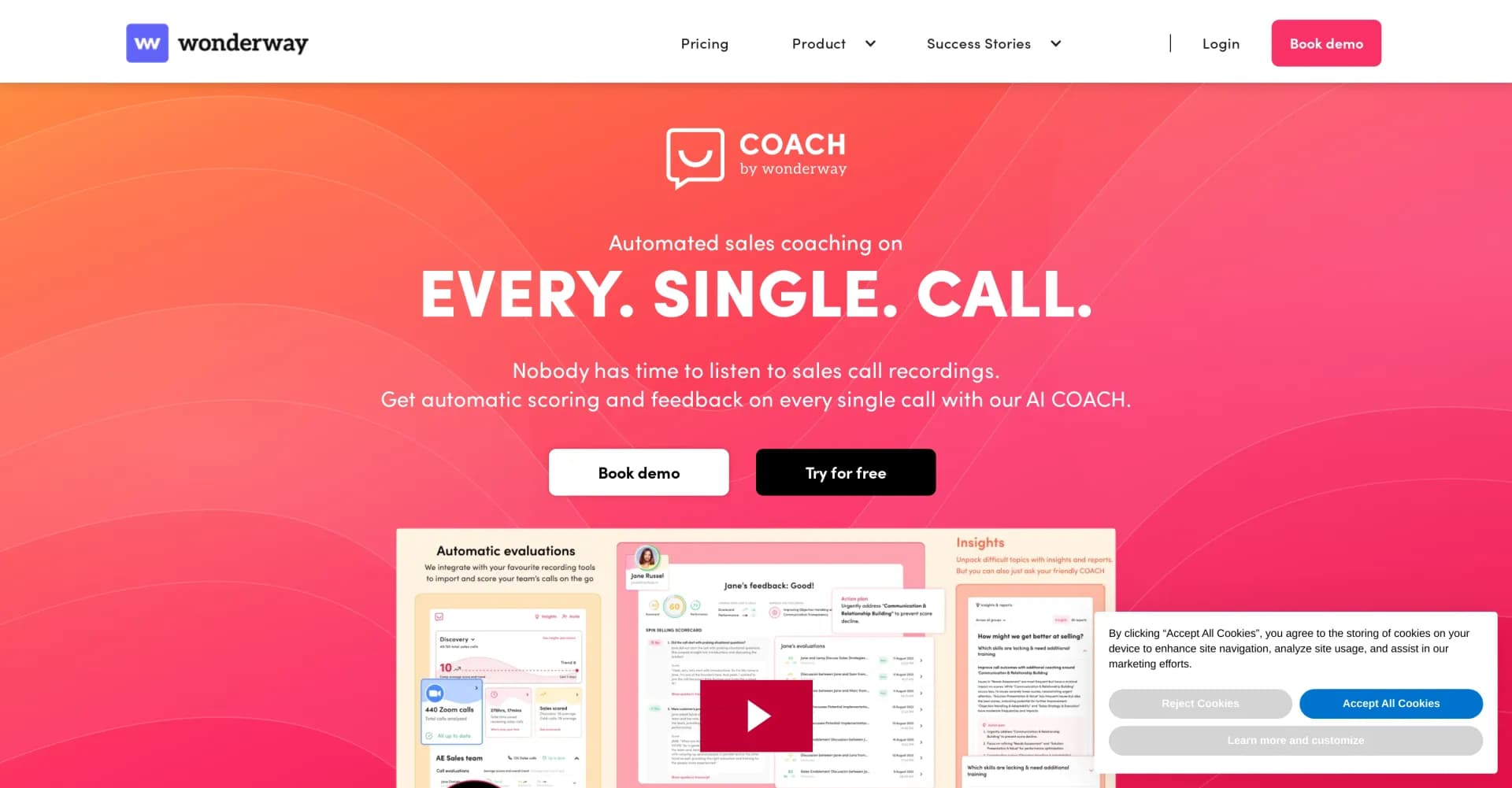 Wonderway Coach homepage screenshot — COACH uses AI to give sales reps expert feedback on every sa