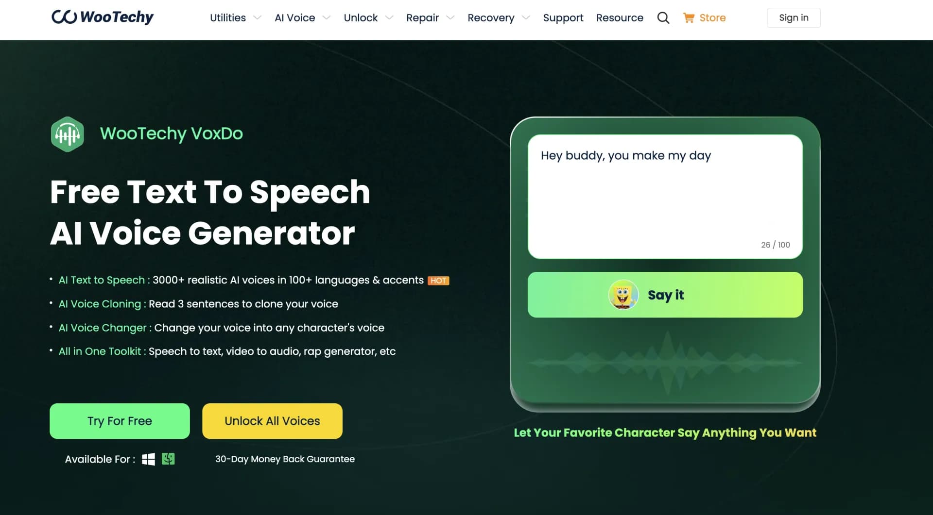 WooTechy VoxDo homepage screenshot — Generate realistic AI voices in 3 simple steps.