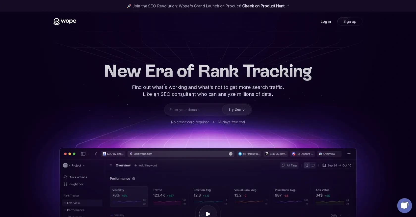 Wope homepage screenshot — Find what drives search traffic with AI-powered SEO analysis