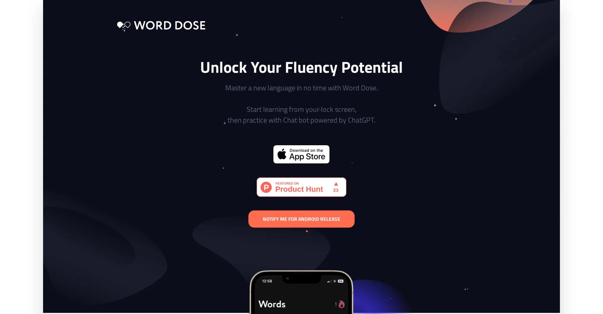 Word Dose homepage screenshot — Master a language from your lock screen.
