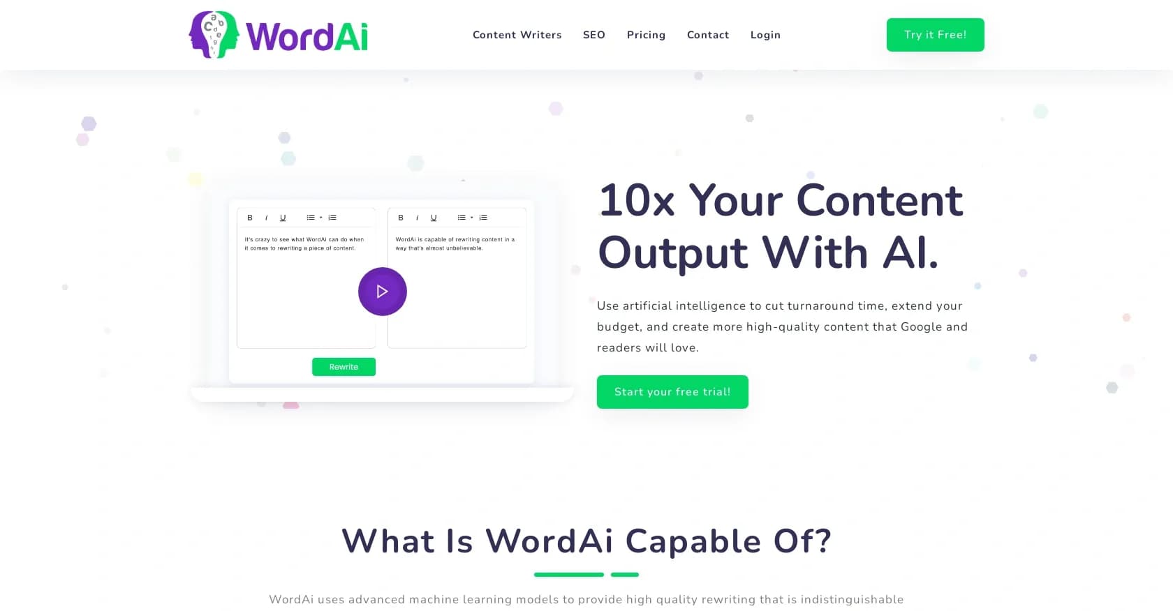 WordAI homepage screenshot — AI rewriter: 10X your content output.