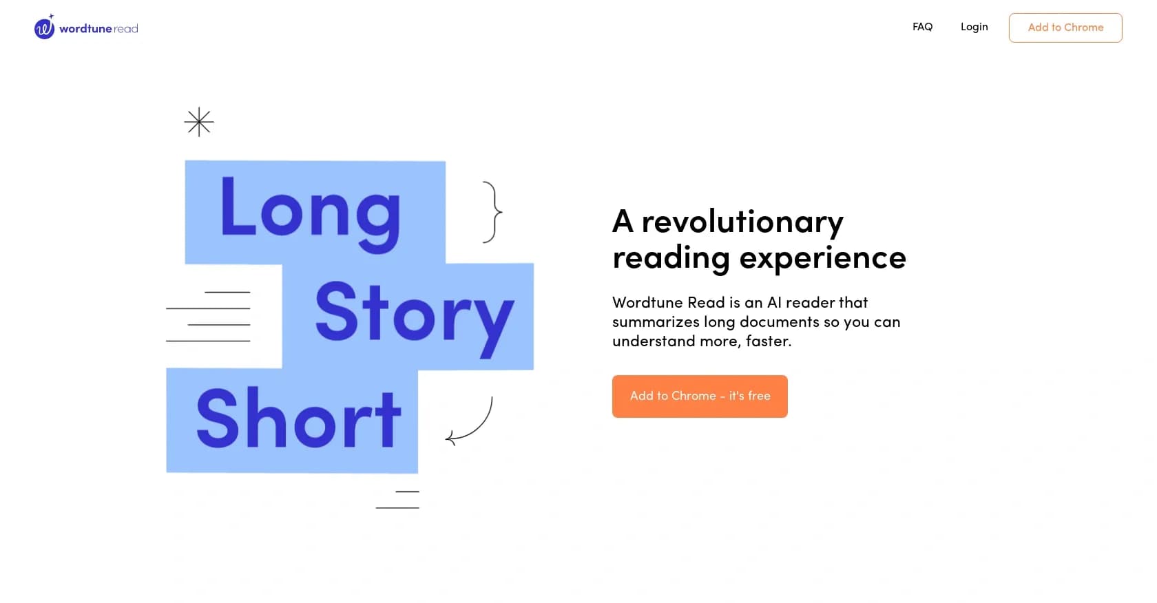 Wordtune Read homepage screenshot — AI-powered reader that summarizes long documents instantly.