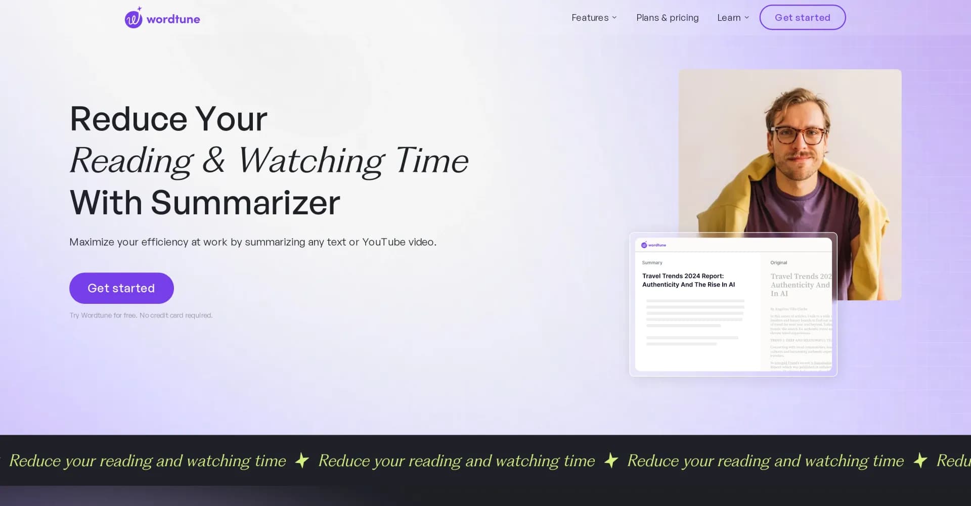 Wordtune Summarizer homepage screenshot — Maximize efficiency with AI-powered text and video summaries