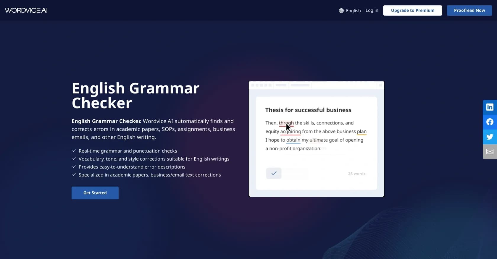Wordvice homepage screenshot — Elevate your writing with AI-powered proofreading.