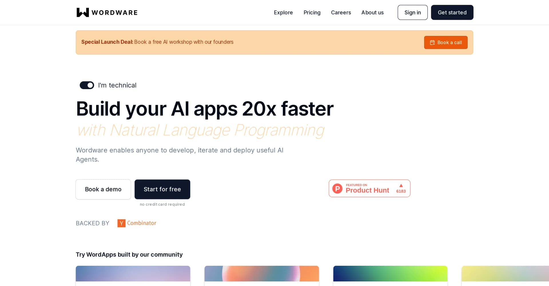 Wordware homepage screenshot — Build AI apps 20x faster with Natural Language Programming