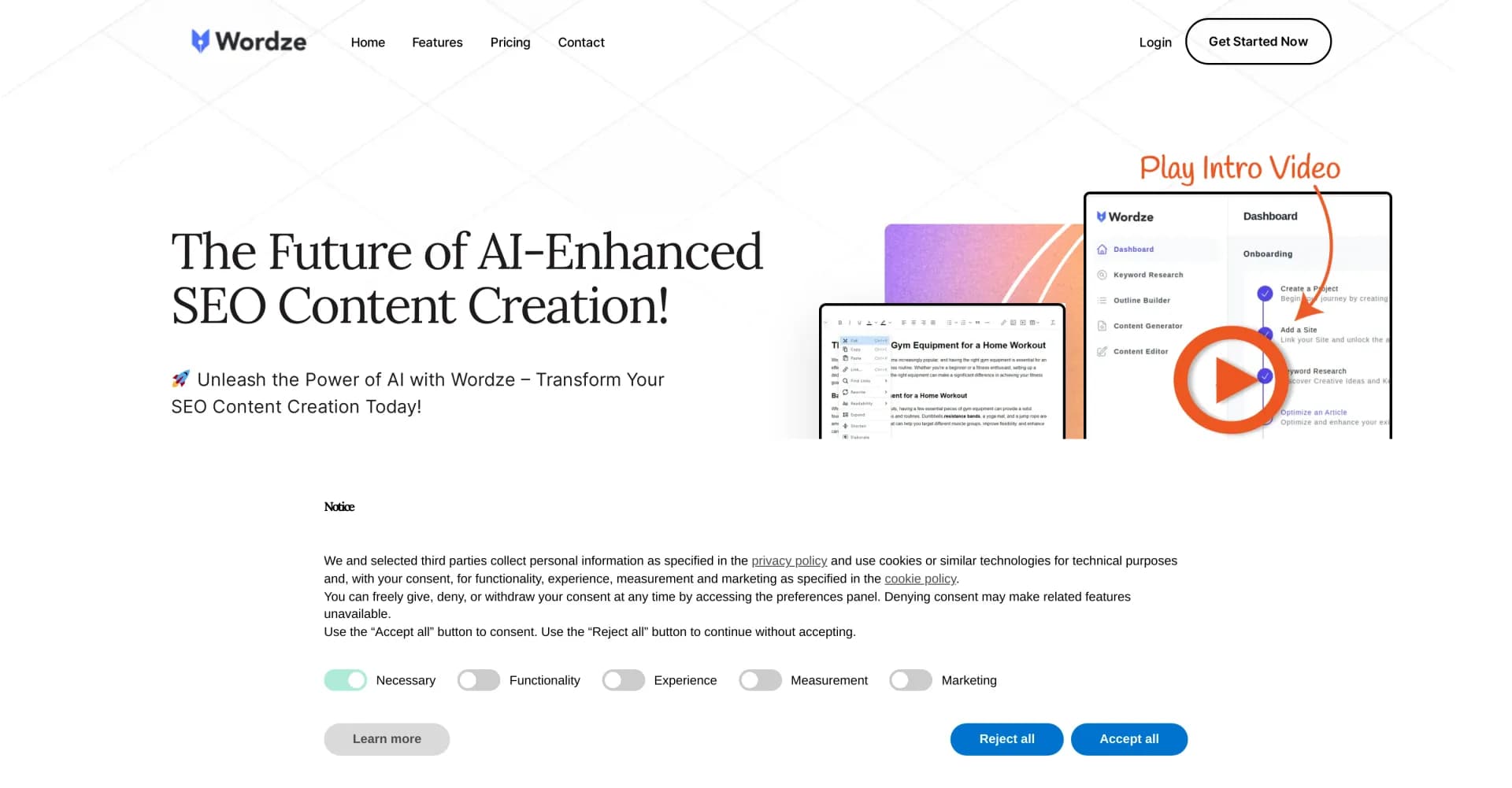 Wordze homepage screenshot — AI-powered SEO content creation for game-changing results
