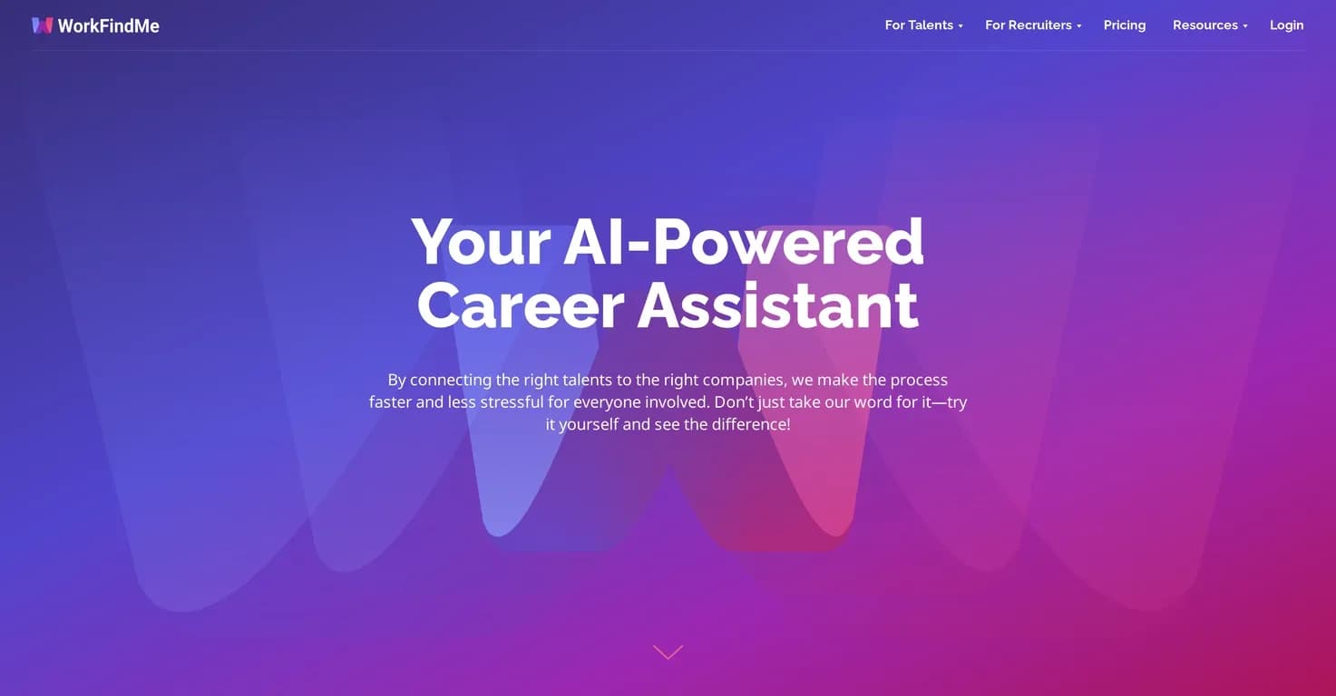 WorkFindMe homepage screenshot — AI-powered job matching for talents and recruiters.