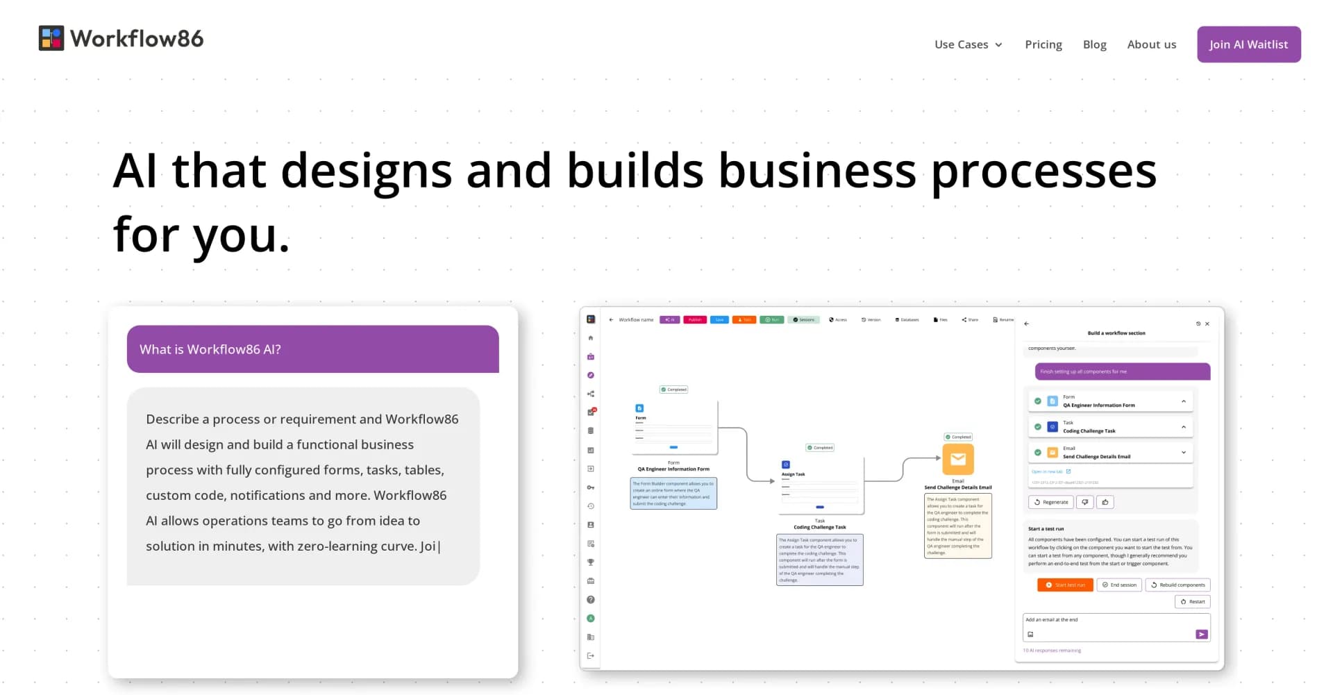 Workflow86 homepage screenshot — AI that designs and builds business workflows.