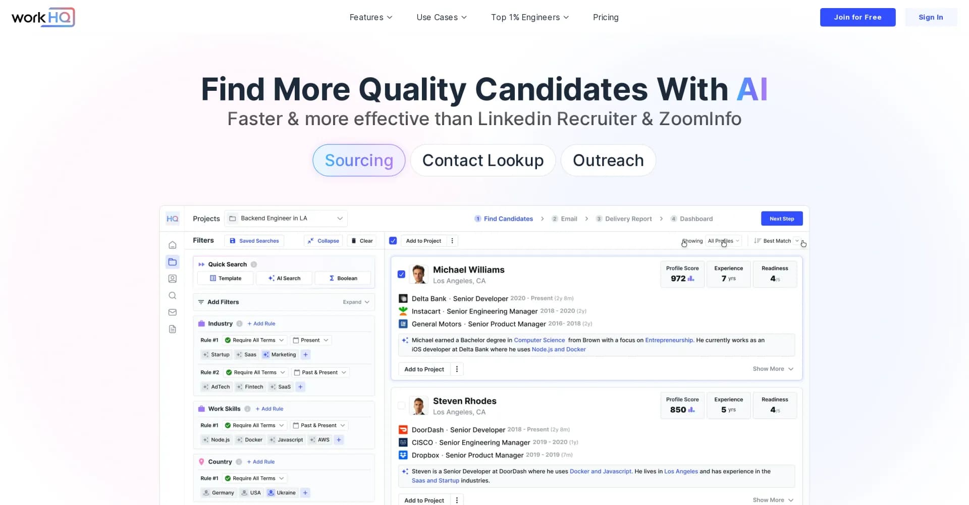 WorkHQ homepage screenshot — AI-powered recruiting: faster and more effective than Linked