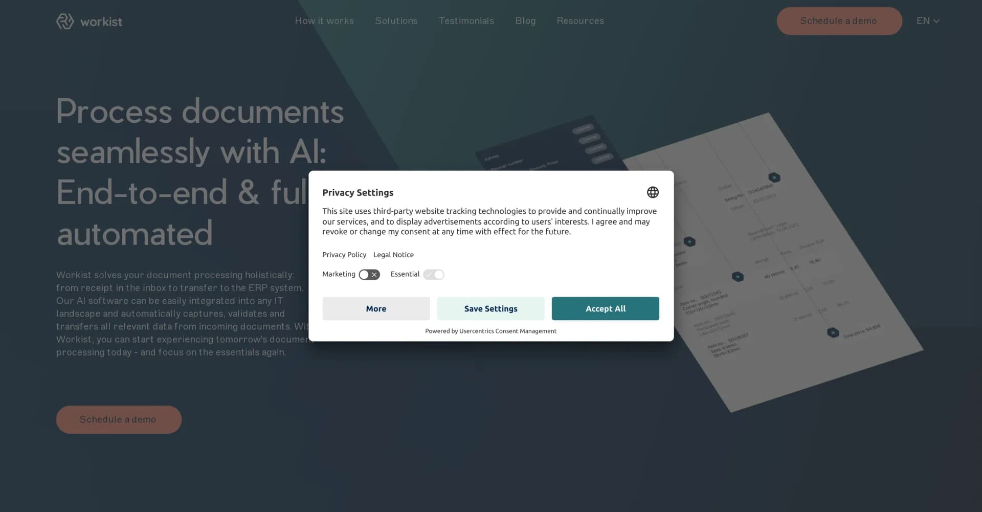 Workist homepage screenshot — Automate document processing with AI