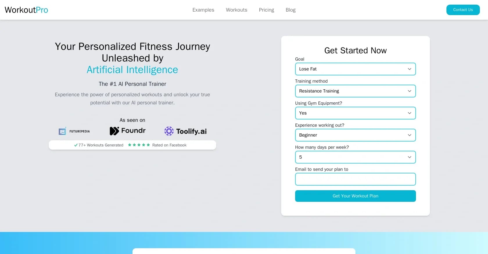 WorkoutPro homepage screenshot — AI-powered personal trainer for custom workouts