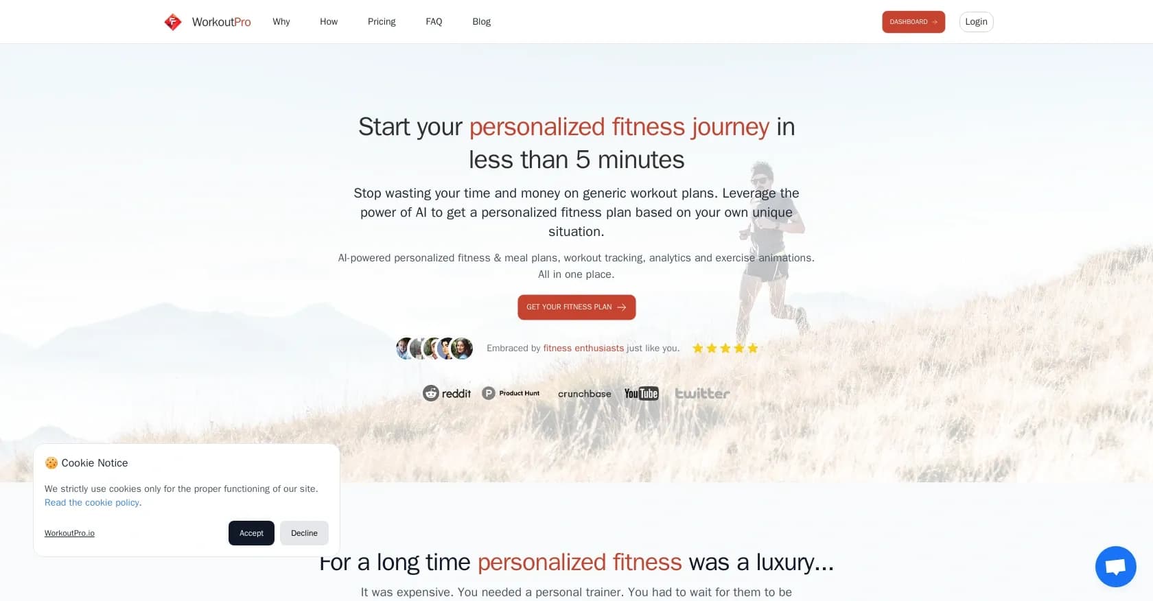 WorkoutPro.io homepage screenshot — AI-powered personalized fitness plans in minutes