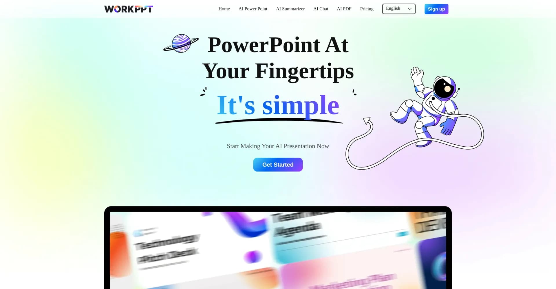 workppt homepage screenshot — Create unlimited presentations with AI in seconds.
