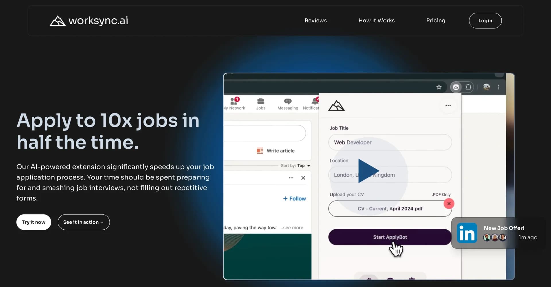 WorkSync homepage screenshot — Apply to 10x jobs in half the time.