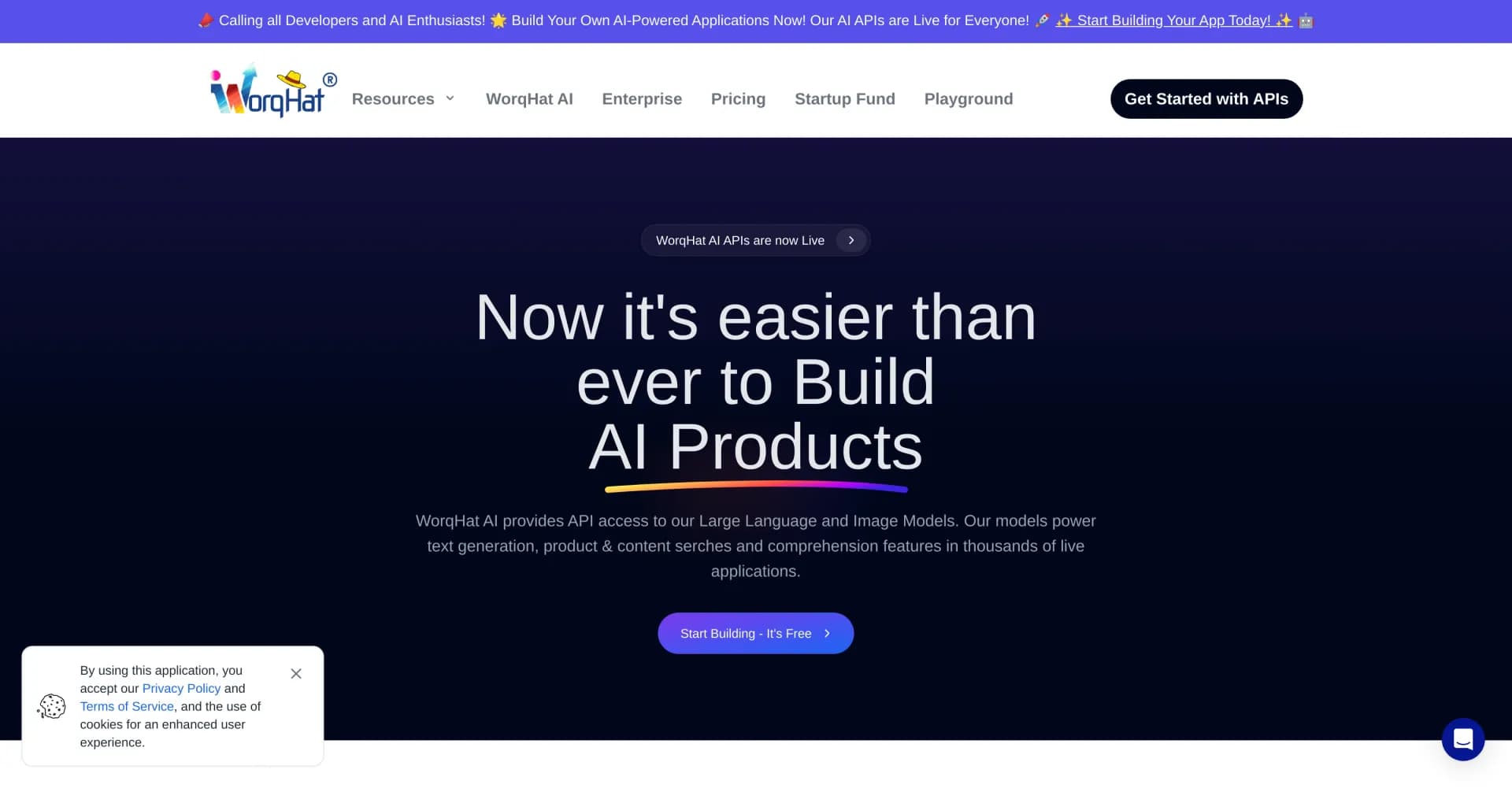 WorqHat AI homepage screenshot — Build custom AI-powered apps with no code