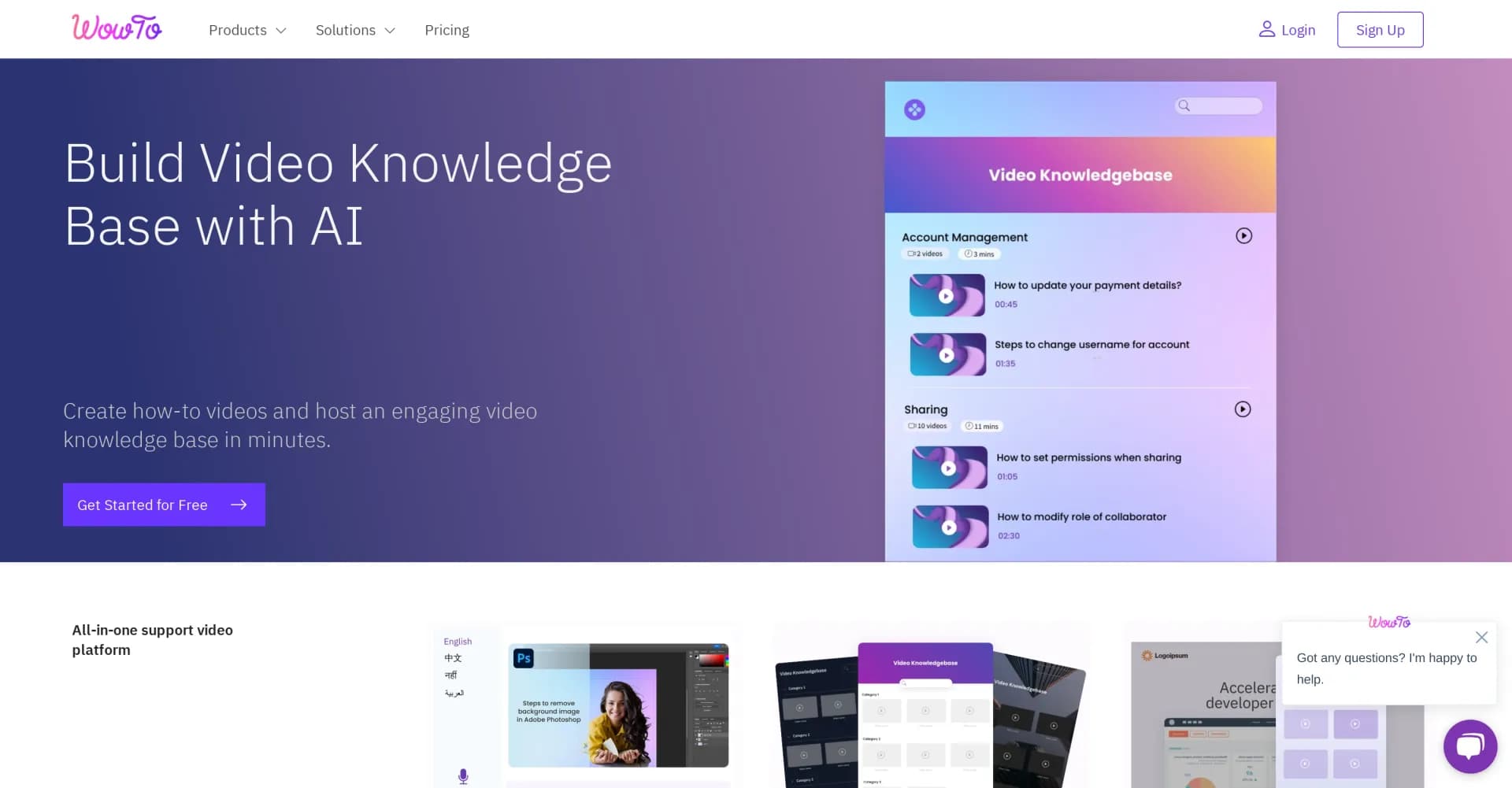 WowTo homepage screenshot — Create and host video knowledge bases for your website