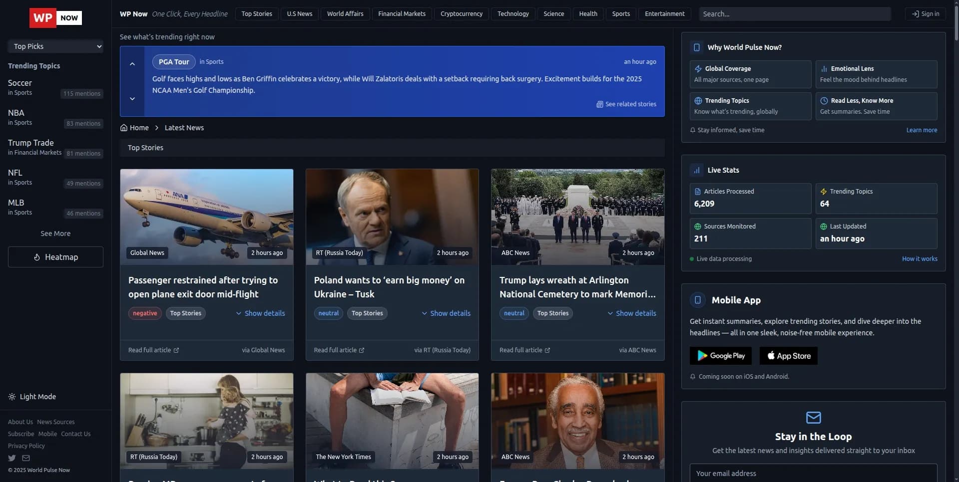 WP Nowv1.1.0 homepage screenshot — One click, every headline: Real-time global news at your fin